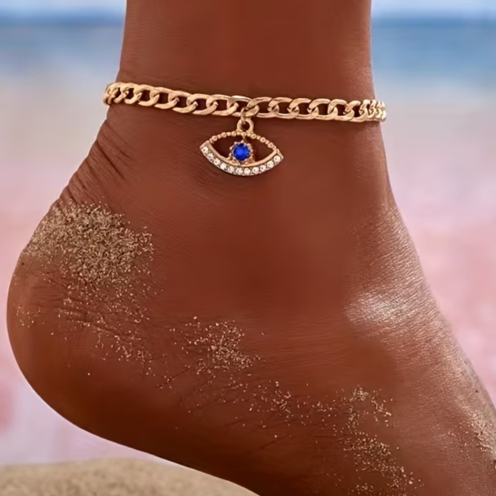 Gold Chunky Chain Anklet with Blue 🧿 Eye Crystal Pendant NEW